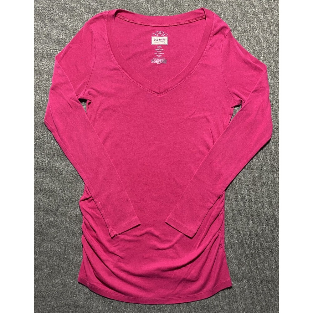 Old Navy Maternity V-Neck Long Sleeve T-Shirt Pink Ruched Sides Size M